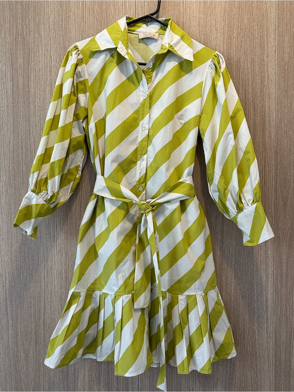 Striped Tie-Waist Shirt Dress in Lime Green & White